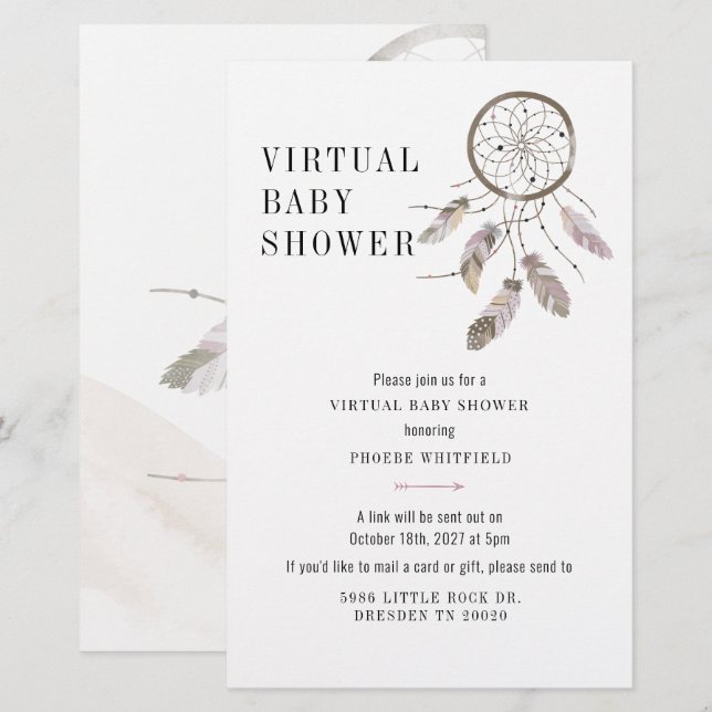 Papelaria Convite para Chá de fraldas do Virtual Boho Dreche (Frente/Verso)