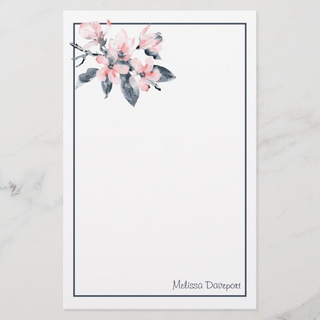 Papelaria Cor d'água da Classe das Flores Rosa e Cinzas (Frente)