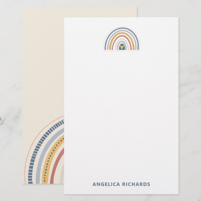Papelaria Coração Arco-Íris Boho Neutro Suave (Frente/Verso)