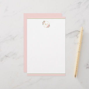 Papelaria Coroa Floral de Monograma com Aquarela Rosa e Verd