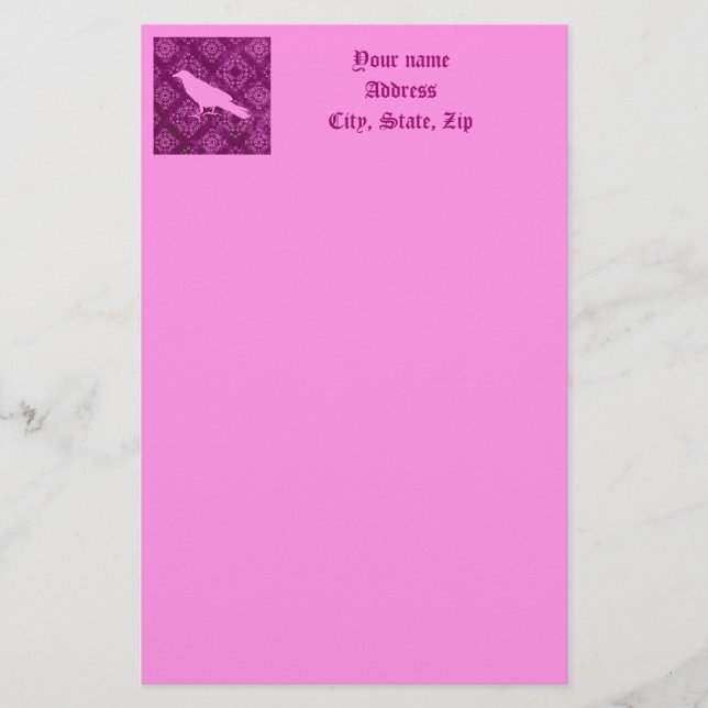 Papelaria Corvo cor-de-rosa e damasco roxo personalizado (Frente)