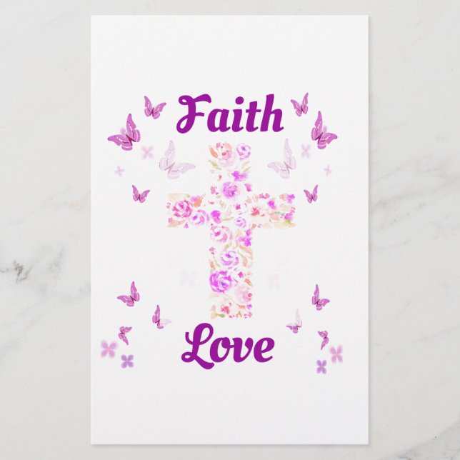 Papelaria Cruz de Rosas com Borboletas Rosa de Fé e Amor (Frente)