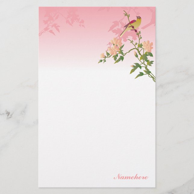 Papelaria Customizável: Pássaro na flor chinesa (Frente)