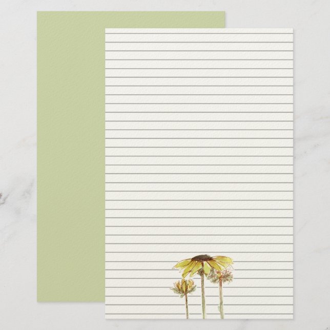 Papelaria de Carta com Girassóis Verde Escrita à M (Frente/Verso)
