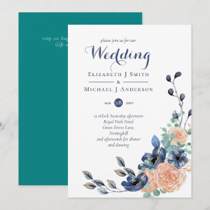 Papelaria de casamento floral azul turquesa coral
