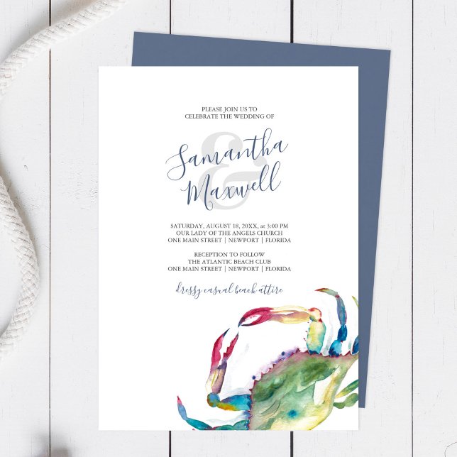 Papelaria de Casamento na Praia com Caranguejo em  (Beach wedding invitations watercolor blue crab art by Victoria Grigaliunas of Do Tell A Belle)