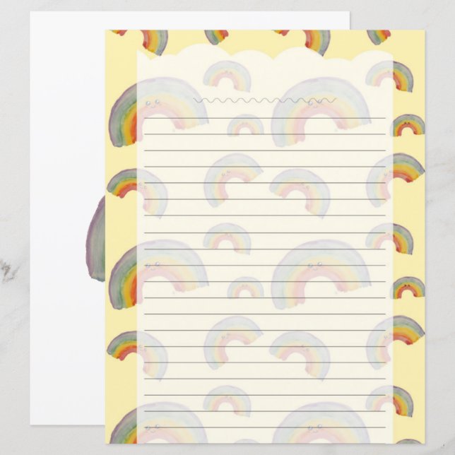 Papelaria de Papel Amarelo Pastel Kawaii Arco-íris (Frente/Verso)