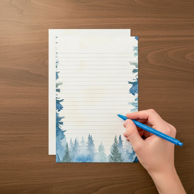Papelaria de pinheiros de inverno azul (Blue winter pine trees lined stationery.)