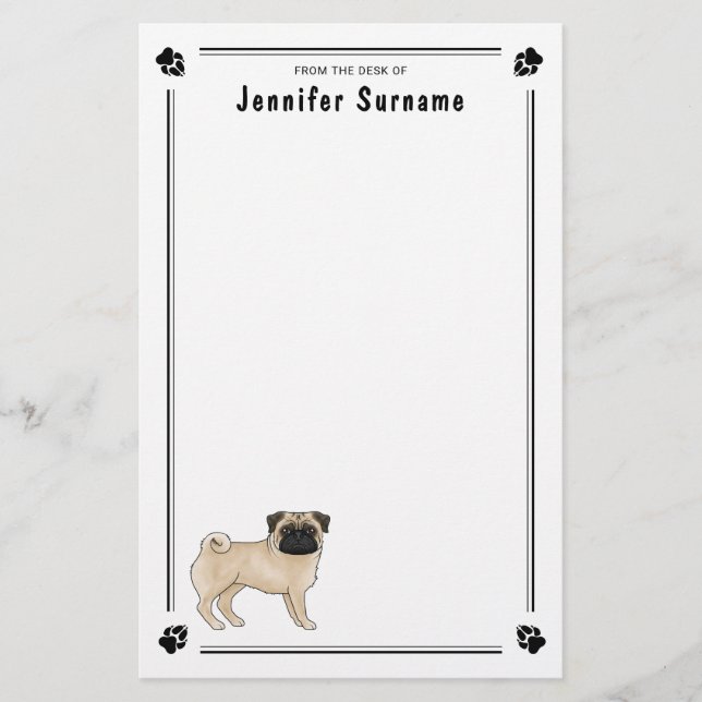 Papelaria Design de Raça de Cachorro Pug com Rosto Enrugado  (Frente)