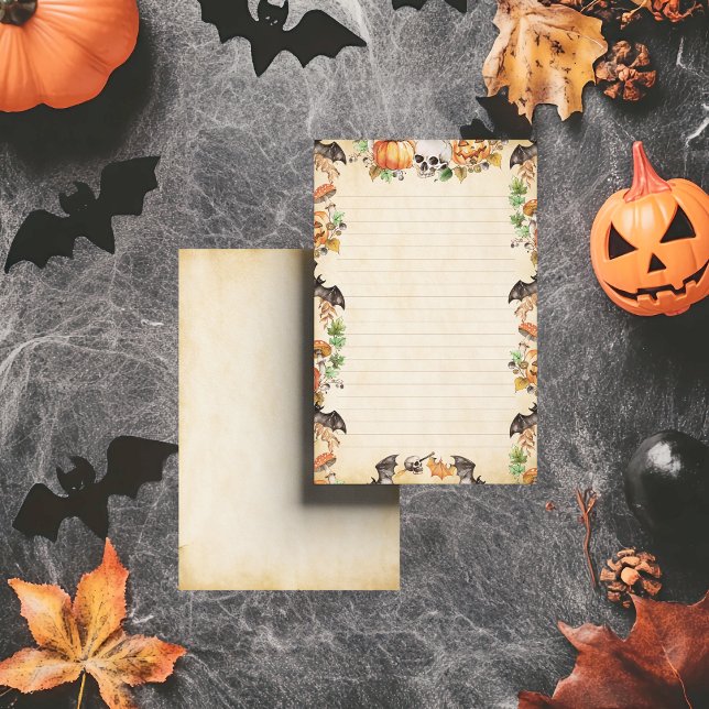 Papelaria Dia das Bruxas Botânicas com Morcegos e Pumpkins V (Whispers of October linger in pumpkins and foliage, each note a keepsake of haunted nostalgia.)