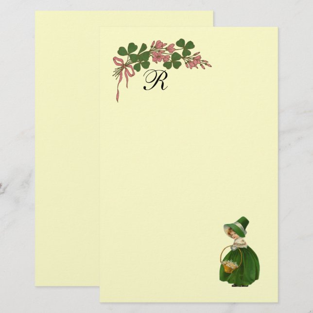 PAPELARIA DIA DE SÃO PATRÍCIO, MONOGRAMA DE MENINA IRLANDESA (Frente/Verso)