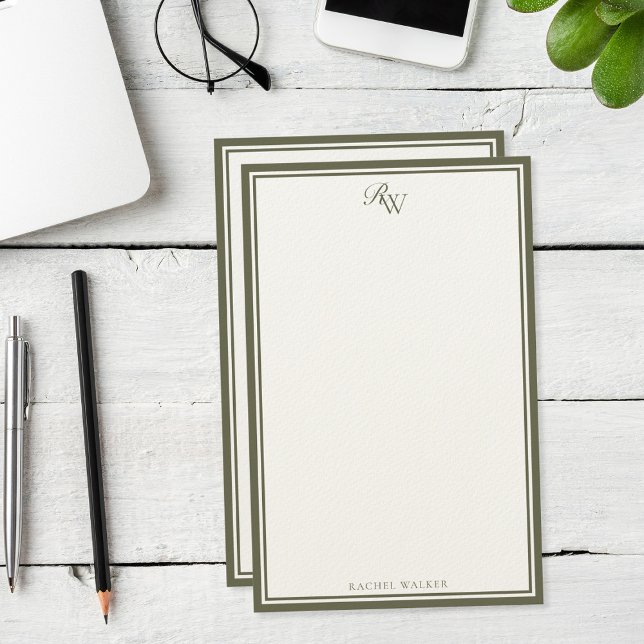 Papelaria Elegant Olive Green Monogram Two Border (Criador carregado)
