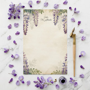 Papelaria Elegante Flor de Wistéria Roxa em Aquarela Floral 