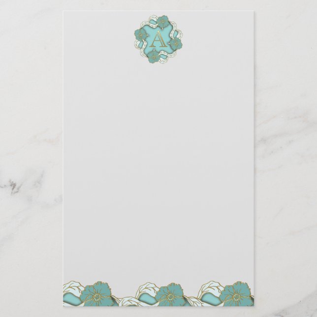 Papelaria Elegante Floral Turquoise - Monograma - letra A (Frente)