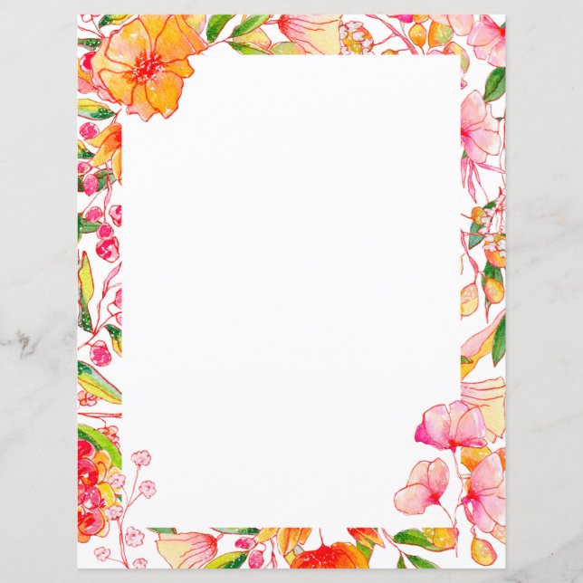 Papelaria em Branco Floral Aquarela Laranja Rosa (Frente)
