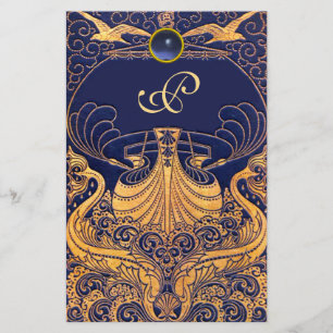 Papelaria Embarcação Antica,Golfinhos,Dourado,Monograma Azul