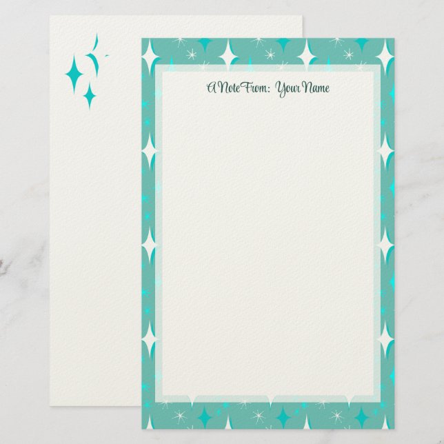 Papelaria Estrelas Retro Editáveis em Azul Turquesa 14 cm x  (Frente/Verso)