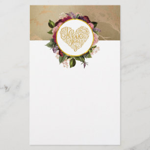 Papelaria Eu Amo Seu Coração Ouro Rico com Quadro Floral