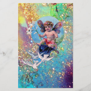 Papelaria FADA COM AS POMBAS NOS SPARKLES, ouro verde azul