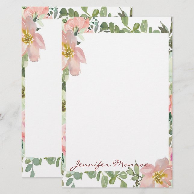 Papelaria Flora personalizada em aquarela rosa (Frente/Verso)