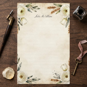 Papelaria Floral Branco Vintage Trigo Dourado Pergaminho Env