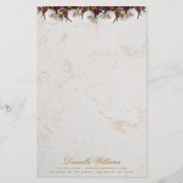 Papelaria Floral Burgundy Peonies Marble Elegant Script (Frente)