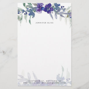 Papelaria Floral personalizado em aquarela azul e roxa