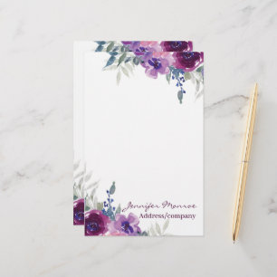 Papelaria Floral personalizado em aquarela roxa
