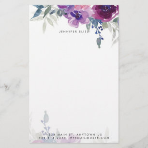 Papelaria Floral personalizado em aquarela roxa e azul