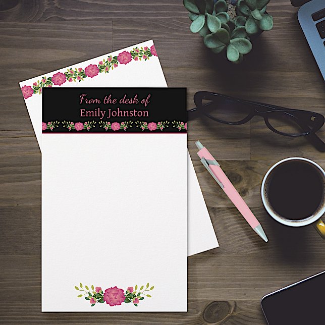 Papelaria Floral rosa e preto personalizado (Criador carregado)
