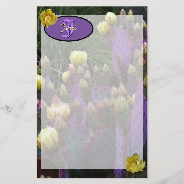 Papelaria Flores Amarelas de Cacto Roxo Personalizadas Monog (Frente)