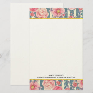 Papelaria Flores de Aquarela Rosa em Stripes