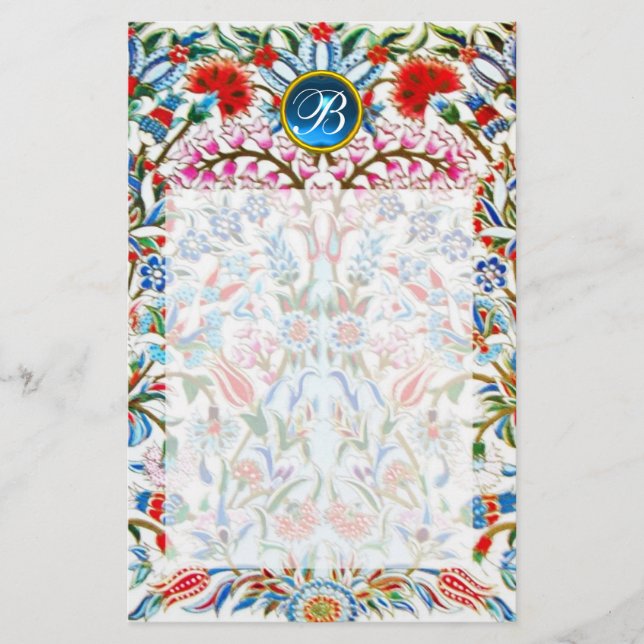 Papelaria FLORES ORIENTAIS DAMASK MONOGRAM Blue Sapphire (Frente)