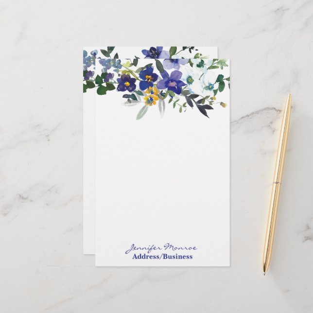 Papelaria Flores personalizadas de aquarela azul e amarelo (Frente/Verso In Situ)