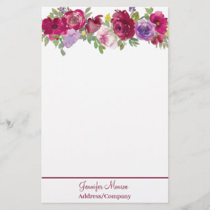 Papelaria Flores personalizadas de aquarela vermelhas e roxa