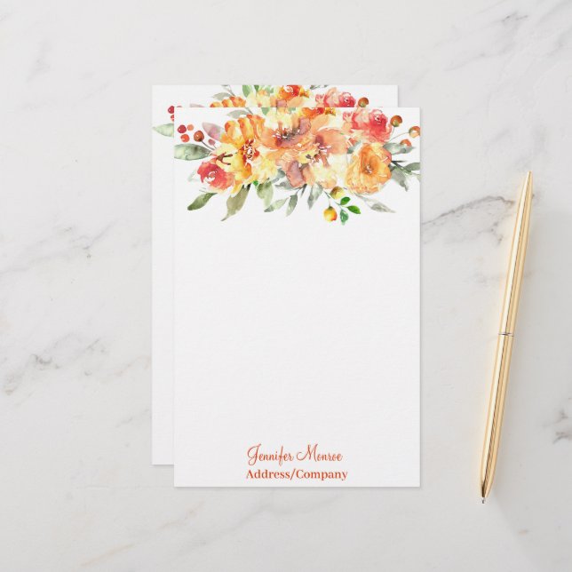 Papelaria Flores personalizadas em aquarela laranja (Frente/Verso In Situ)