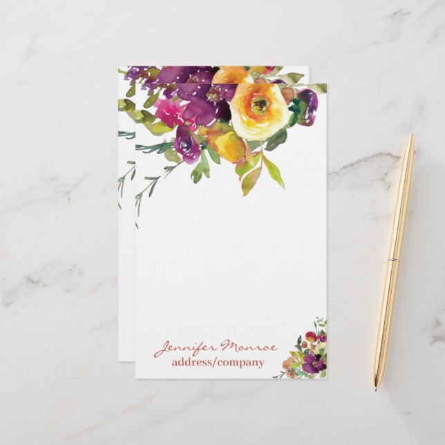 Papelaria Flores personalizadas em aquarela laranja e roxo (Frente/Verso In Situ)