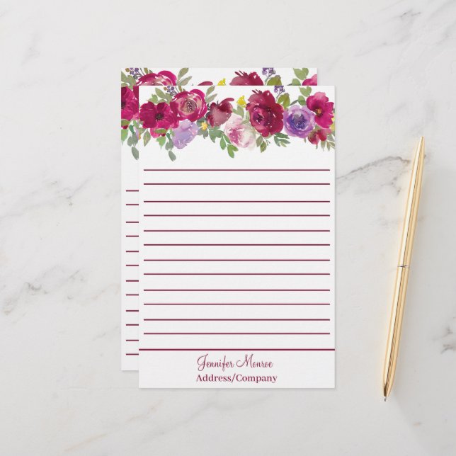 Papelaria Flores personalizadas em aquarela vermelhas e roxa (Frente/Verso In Situ)