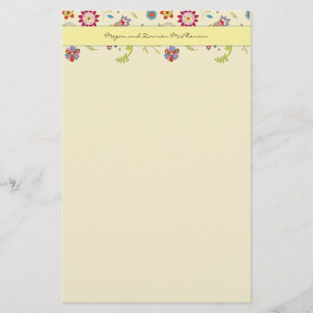 Papelaria Flores Retro ・ Amarelo ・ Papel de Carta (Frente)