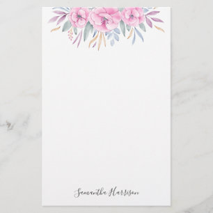 Papelaria Flores Rosa Escamudo Monograma Elegante Aquarela