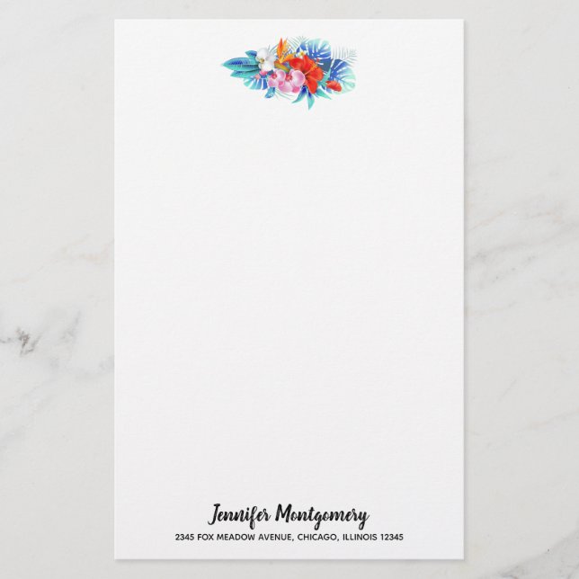 Papelaria Flores Tropicais Exóticas - Rosa e Aquamarino (Frente)