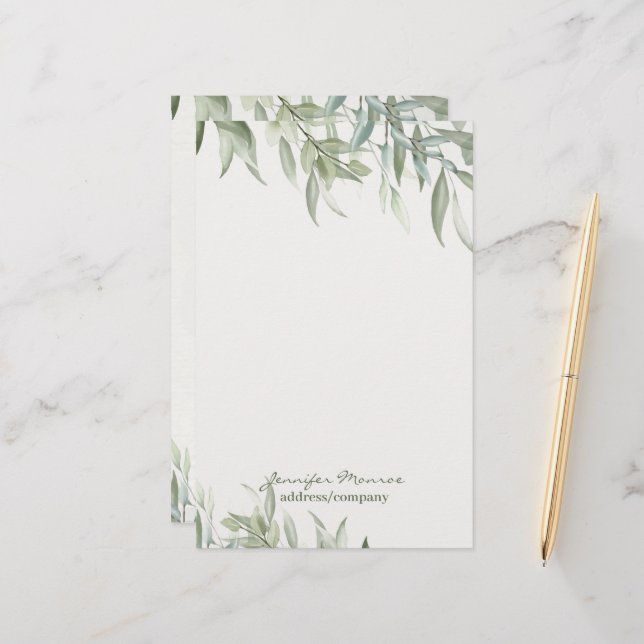Papelaria Folhas verdes personalizadas em aquarela simples (Frente/Verso In Situ)