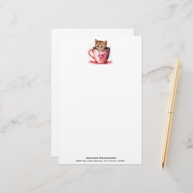 Papelaria Gatinho Bonito num Teacup com Corações (Frente/Verso In Situ)