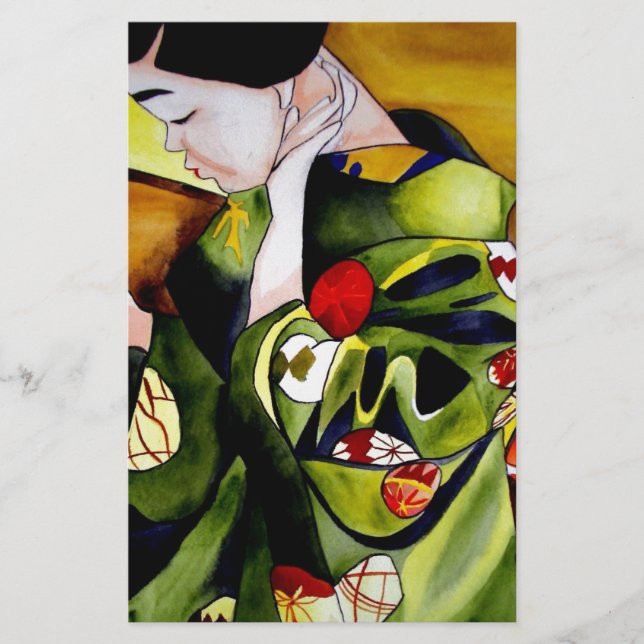 Papelaria Geisha com quimono verde-oliva (Frente)