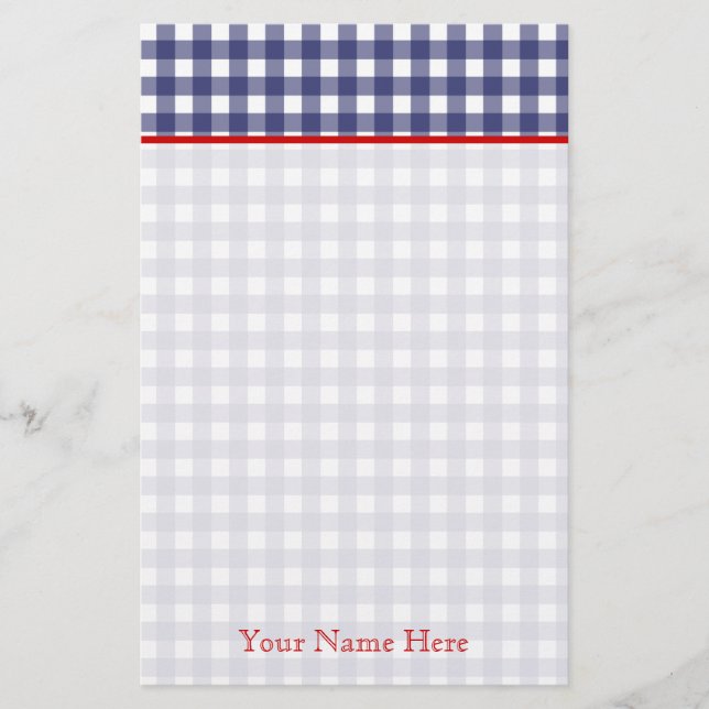 Papelaria Gingham Azul Com Papel De Carta Personalizado Verm (Frente)