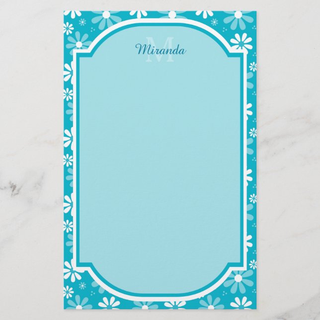Papelaria Girly Monogramas Turquoise Daisy Flowers Com Nome (Frente)