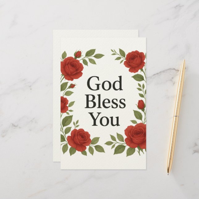Papelaria God Bless You Religious Rose Floral Cards (Frente/Verso In Situ)