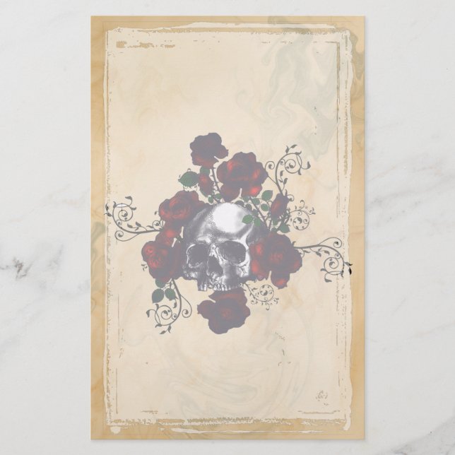 Papelaria Gótico do Estilo de Tatuagem de Caveira e Rosas (Frente)