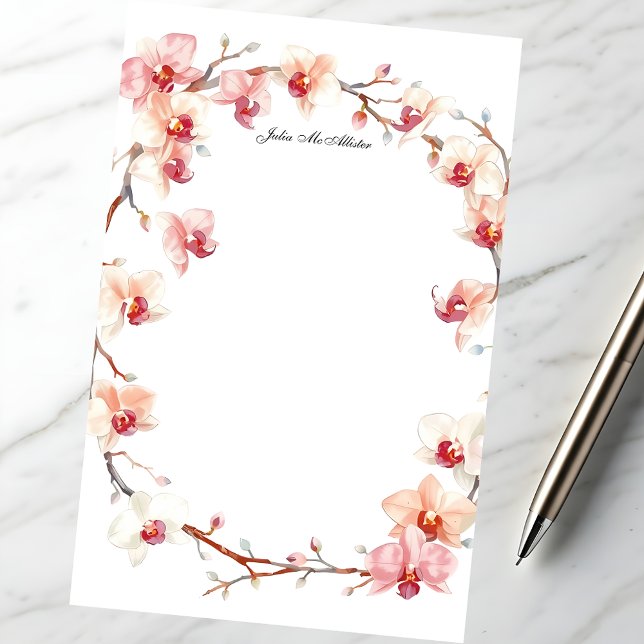 Papelaria Guirlanda de Flores de Orquídea Rosa Beije Aquarel (Criador carregado)