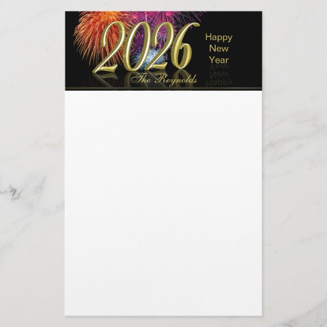 Papelaria Happy New Year 2026 Gold Fireworks (Frente)